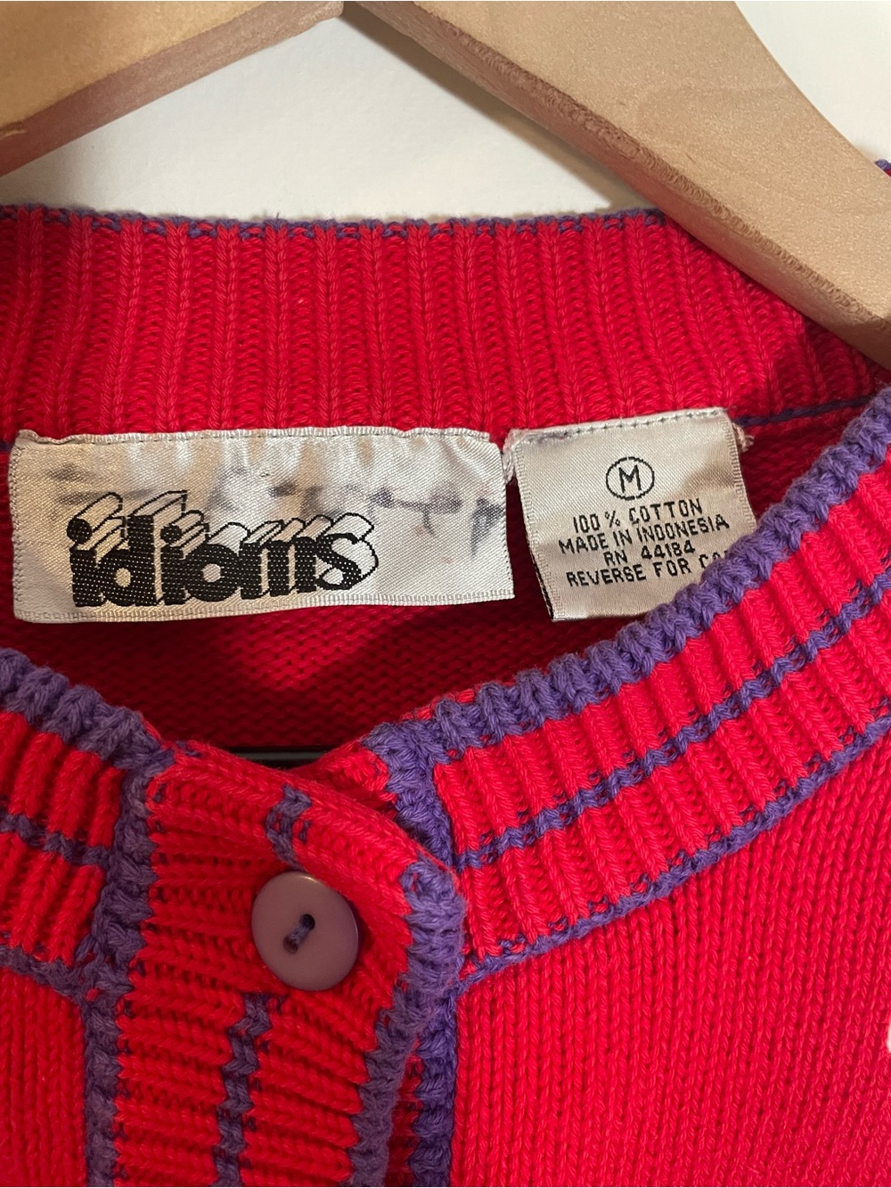 Vintage Idioms Cardigan Sweater Twee Circles Stripes Red & Purple Size Medium - Picture 2 of 8